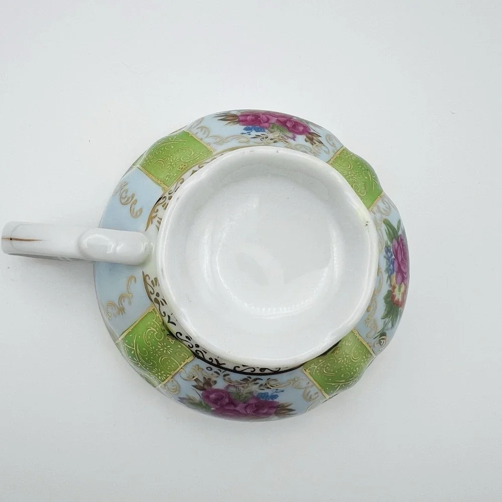 Wales Porcelain Teacup Saucer Lusterware Floral Green Gold Japan Vintage Set